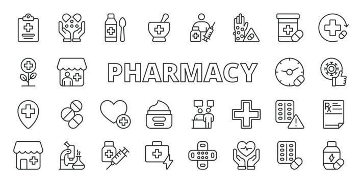 Pharmacy icons in line design. Pharmacy, medicine, prescription, pharmacist, drugstore, pills, medication on white background vector. Pharmacy editable stroke icons