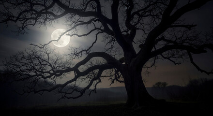  Spooky Old Tree Silhouette with Twisted Branches Against a Full Moon in a Dark, Cloudy Sky