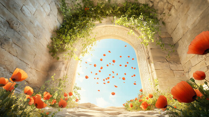 An ancient courtyard almost overtaken by poppies. Flowers growing from between tiles.
