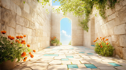 A quiet alley in an old village. Red poppies blooming along the base.