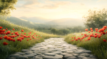 A gentle stone path with red poppies growing on both sides. Calm and refreshing view.