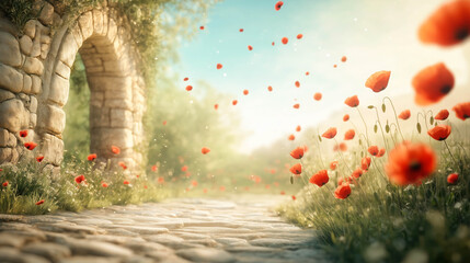 An ancient courtyard almost overtaken by poppies. Flowers growing from between tiles.