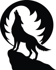 Silhouette of a wolf howling at a stylized moon on a rock