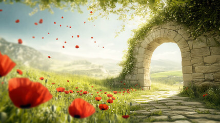 An ancient courtyard almost overtaken by poppies. Flowers growing from between tiles.