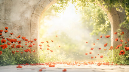 An ancient courtyard almost overtaken by poppies. Flowers growing from between tiles.