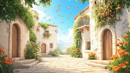 A quiet alley in an old village. Red poppies blooming along the base.