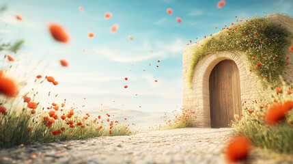 A quiet alley in an old village. Red poppies blooming along the base.