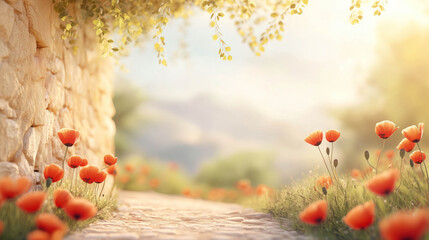 A gentle stone path with red poppies growing on both sides. Calm and refreshing view.