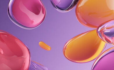3D Render of Colorful Curved Shapes with Chrome Finish on Purple Background