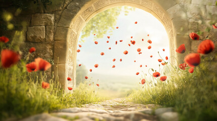 An ancient courtyard almost overtaken by poppies. Flowers growing from between tiles.