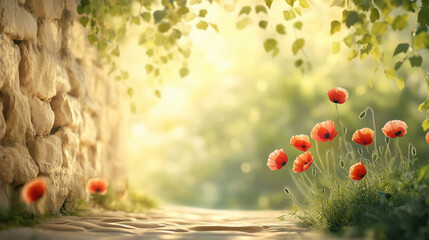 A quiet alley in an old village. Red poppies blooming along the base.