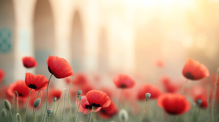 A peaceful field of blooming red poppies in the foreground. Ancient arches and tiled walls blurred gently in the background.