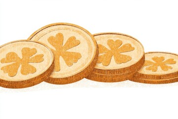 Stacked coins with clover symbols arranged in row representing wealth luck fortune success savings investment prosperity opportunity financial growth and value