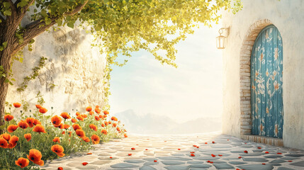 A quiet alley in an old village. Red poppies blooming along the base.