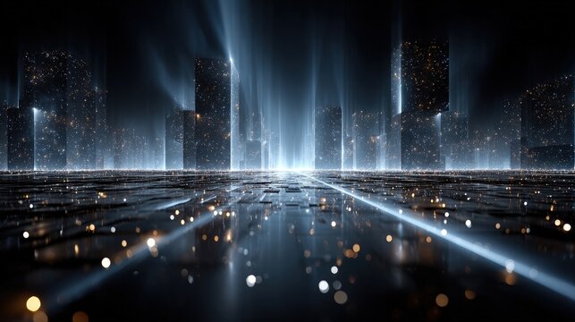 Floating abstract background architecture lines in glowing neon blue intersecting in a cosmic digital space