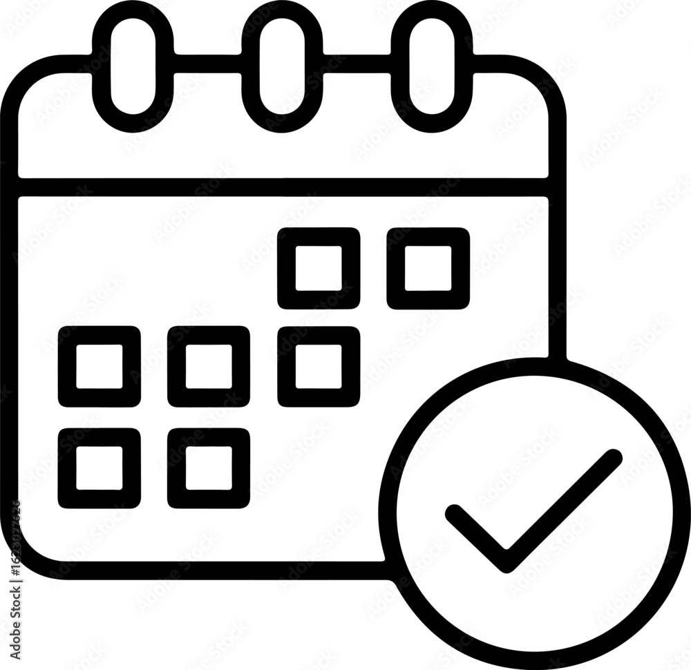 Poster clean line art icon of a calendar with a checked box symbolizing a scheduled event
