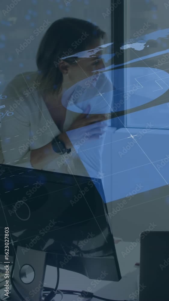 Poster animation of infographic interface over diverse female coworkers discussing reports on computer