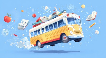 Cartoon school bus flying with education icons and science symbols in flat vector style on blue background