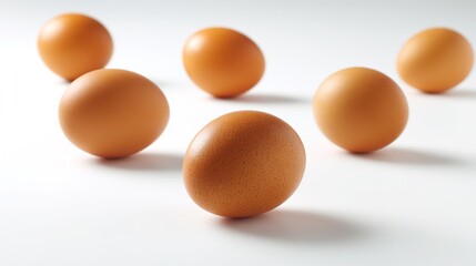 A pile of fresh eggs displayed on a white background, captured in high definition to highlight their natural texture, smooth shells, and vibrant appearance for culinary or farming themes.