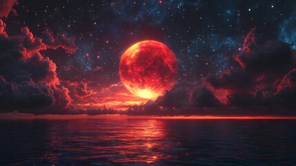 Blood moon rising over a calm sea at night, with colorful clouds and stars.