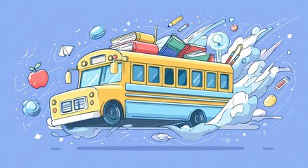 Cartoon school bus flying with education icons and science symbols in flat vector style on blue background
