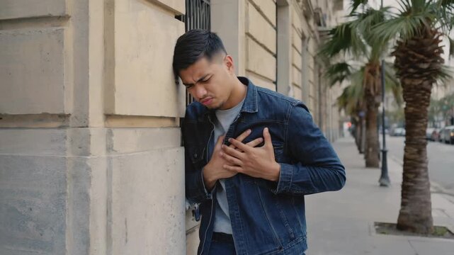 Young man clutches chest in pain while leaning against building on urban street