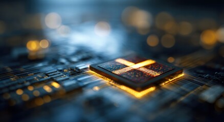 Close-up of electronic solid-state drive cross-section glowing with golden light on blue circuit board background