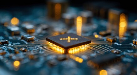 Close-up of electronic solid-state drive cross-section glowing with golden light on blue circuit board background