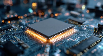 Close-up of intricate smartphone microchip with glowing transistors on blue circuit board background