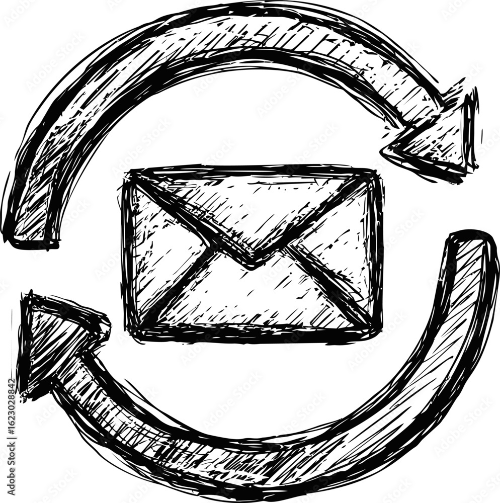 Poster sketch style envelope with circular arrows symbolizing email exchange. vector illustration