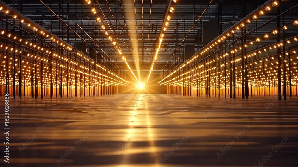 Poster stunning perspective of spacious industrial area with warm illumination, beams of light enhancing de