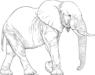 Fototapeta premium Black and white line drawing of an elephant with detailed texture. Vector illustration