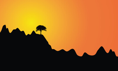 Minimalist landscape of a mountain silhouette with a lone tree against a glowing orange and yellow sunset