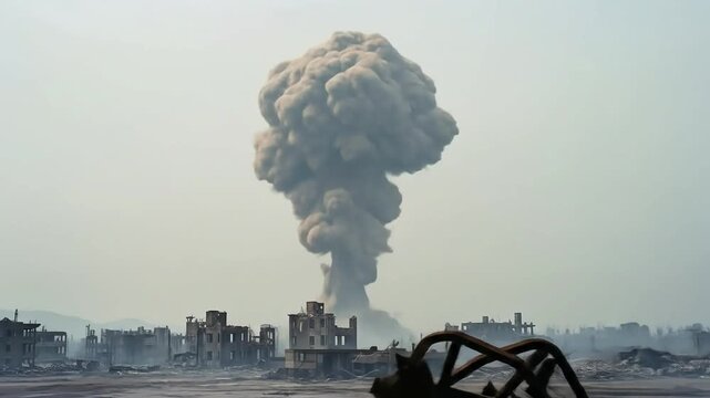 A powerful explosion creates a towering mushroom cloud over a ruined city, depicting the devastating aftermath of conflict.