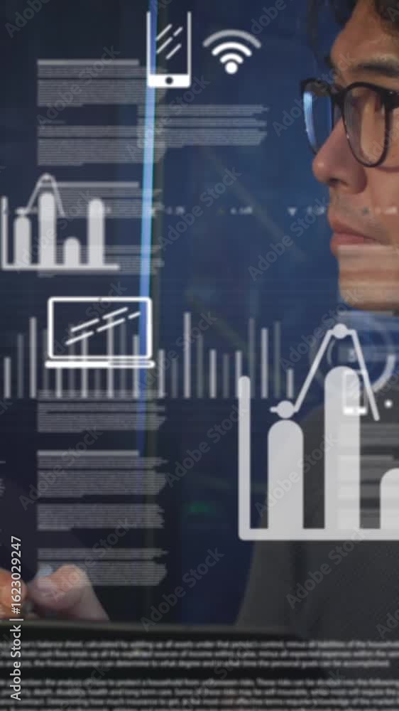Poster animation of statistical data processing against asian male engineer using tablet at server room