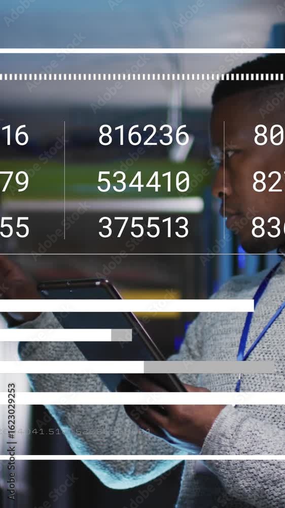Poster animation of data processing over african american male engineer using tablet at server room