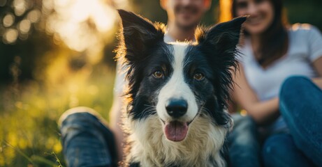 Happy border collie dog sitting in a sunny park with a smiling couple in the background