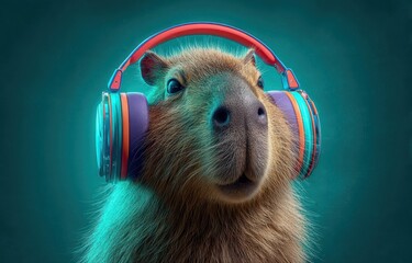 Capybara wearing colorful headphones with vibrant lighting