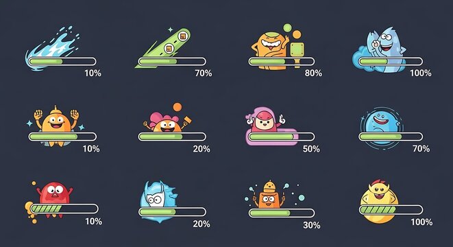 Set of cartoon monster characters on loading progress bars. Funny mascot illustrations for game UI, web, and application design.