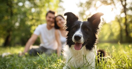 Happy border collie dog sitting in a sunny park with a smiling couple in the background