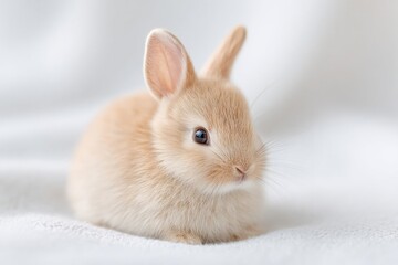Soft, fluffy bunny with gentle features resting on white backgro