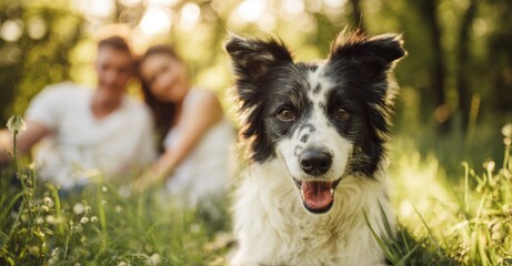 Happy border collie dog sitting in a sunny park with a smiling couple in the background