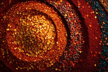 Spicy chili flakes and seeds arranged in concentric circles, vibrant colors, food