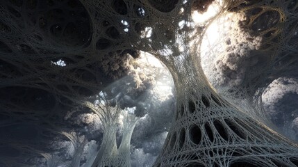 Mycelium Architecture Abstract Fungal-root skyscrapers with fibrous networks spore clouds illuminating cavernous organic voids