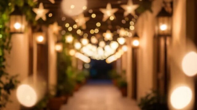 Illuminated Pathway with Star Lights Lanterns and Greenery Along Building Exterior at Night
