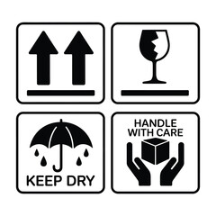 Vector set of black and white icons on the theme of the protection of fragile items.