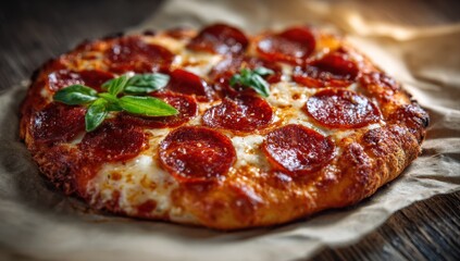 American-style pepperoni and mozzarella pizza on white parchment with basil on dark wooden table