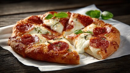 American-style pepperoni and mozzarella pizza on white parchment with basil on dark wooden table
