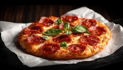 American-style pepperoni and mozzarella pizza on white parchment with basil on dark wooden table