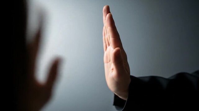 Hand gesture in a video, signaling stop or rejection, against a gray background.